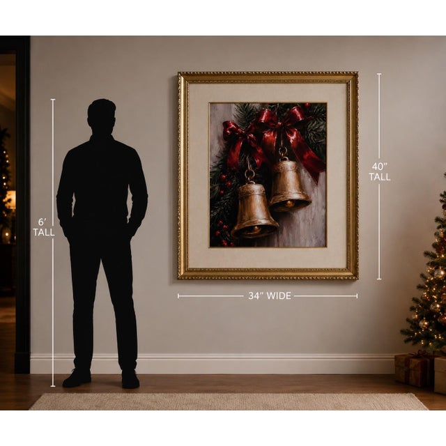 Substantial 40” Tall Framed Christmas Bell Wall Canvas Art With Ornate Gilt Wood Frame & Silk Mat For Sale - Image 4 of 11