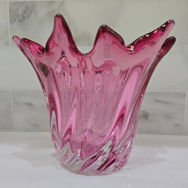 Mid-century Czech cranberry pink art glass vase designed by Josef Hospodka for Chribska Glassworks, with a sculptural...