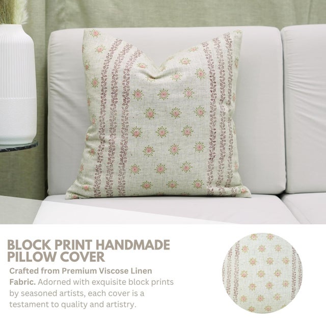 Light Pink Fabdivine Artisan Block Printed Viscose Linen Pillow Cover 18x18 – Happy Bloom Decorative Throw Case For Sale - Image 8 of 9