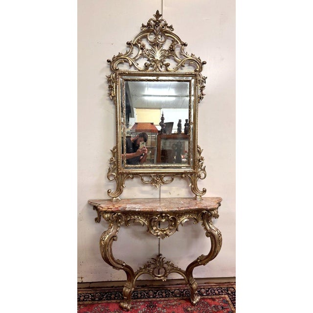 Louis XV Style Curved Castle Console and Mirror in Gilded and Silvered Wood For Sale - Image 6 of 7