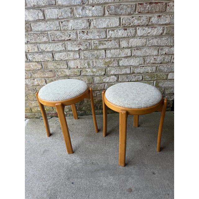 Mid 20th Century Pair of Mid 20th Century Danish Blonde Wood Stools With Upholstered Tops For Sale - Image 5 of 14