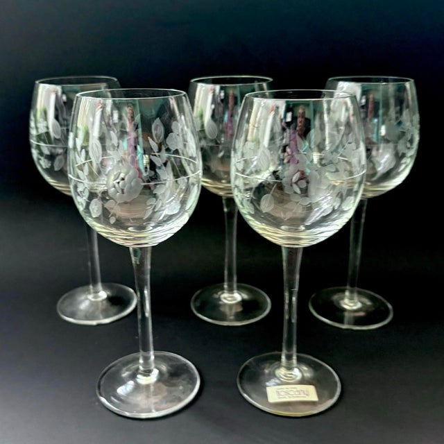 Vintage Toscany Hand Blown Wine Glasses Set of 5 – Romanian Mid-Century Floral Cut Crystal Stemware - Toy57 Pattern For Sale - Image 4 of 8