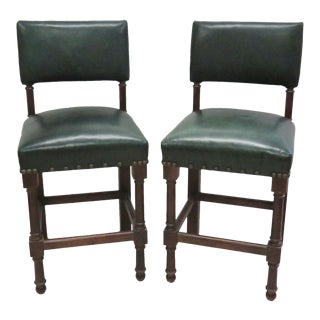 Green Leather Bar Stools - A Pair For Sale