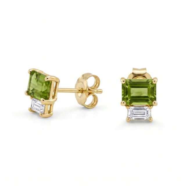 Contemporary Classic Two-Stone Peridot Baguette Drop Studs - A Pair For Sale - Image 3 of 3