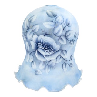 Vintage Frosted Blue Glass Rose Lamp Shade With Ruffled Scalloped Edge For Sale