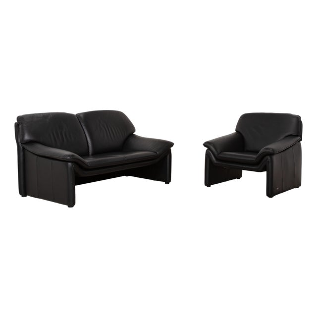 Atlanta 2-Seater Sofa and Armchair in Black Leather from Lauuser, Set of 2 For Sale