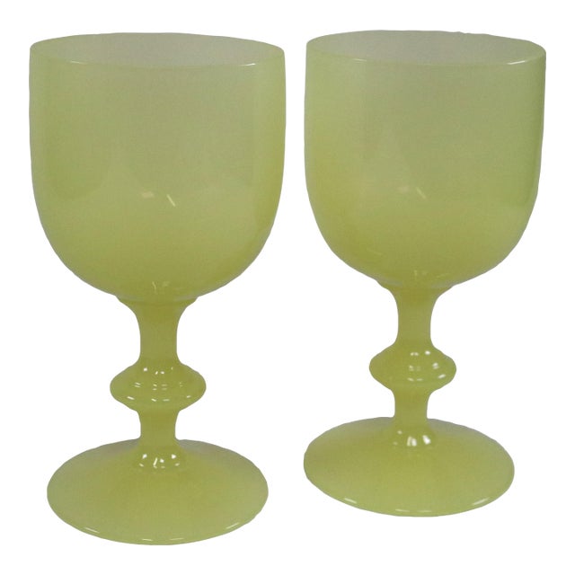 1930s Rare French Yellow Opaline Water Goblets Attributed to Portieux Vallerysthal - Set of 2 For Sale