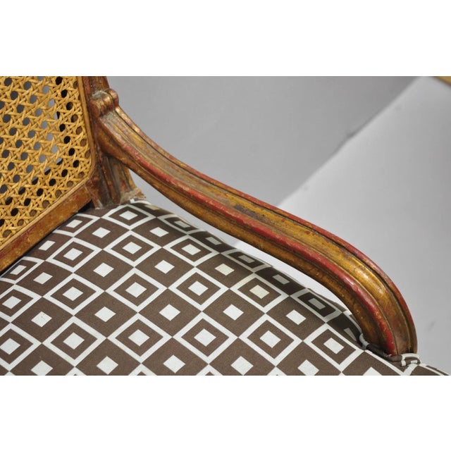 Vintage French Louis XV Style Distressed Gold Gilt Cane Back Vanity Bench Seat For Sale - Image 9 of 18