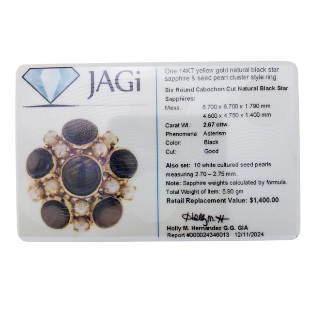 Black Mid 20th Century 14k Yellow Gold Black Star Sapphire & Pearl Ring For Sale - Image 8 of 8