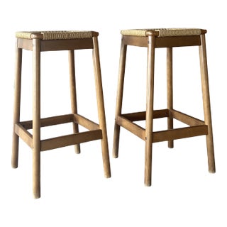 Pair of Jute Wrapped Backless Bar Stools | Mid Century Modern For Sale