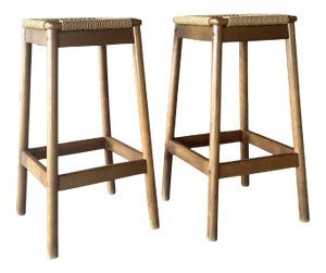 Pair of Jute Wrapped Backless Bar Stools | Mid Century Modern