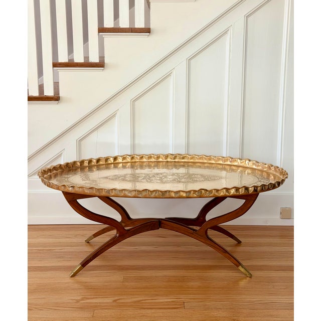 1960s Mid-Century Etched Brass & Wood Oval Tray Coffee Table For Sale - Image 10 of 10