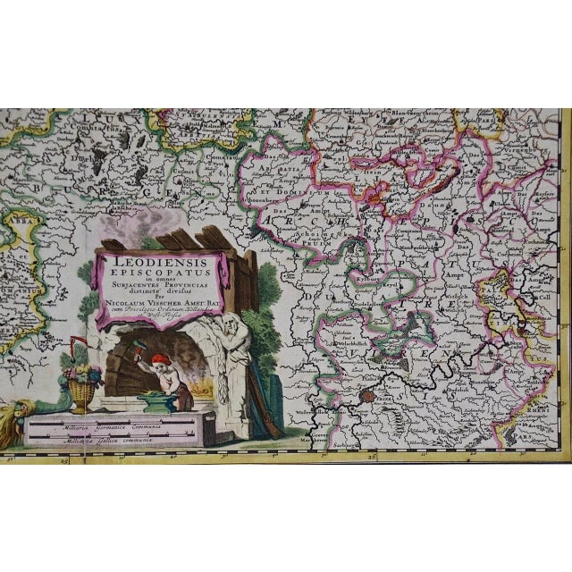 Traditional Liege Region in Belgium: 17th Century Hand Colored Map by Visscher For Sale - Image 3 of 8