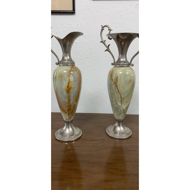 Pair of Vintage Green Onyx Urn Vases With Silver-Toned Handles, Mid-Century Neoclassical For Sale In San Francisco - Image 6 of 6