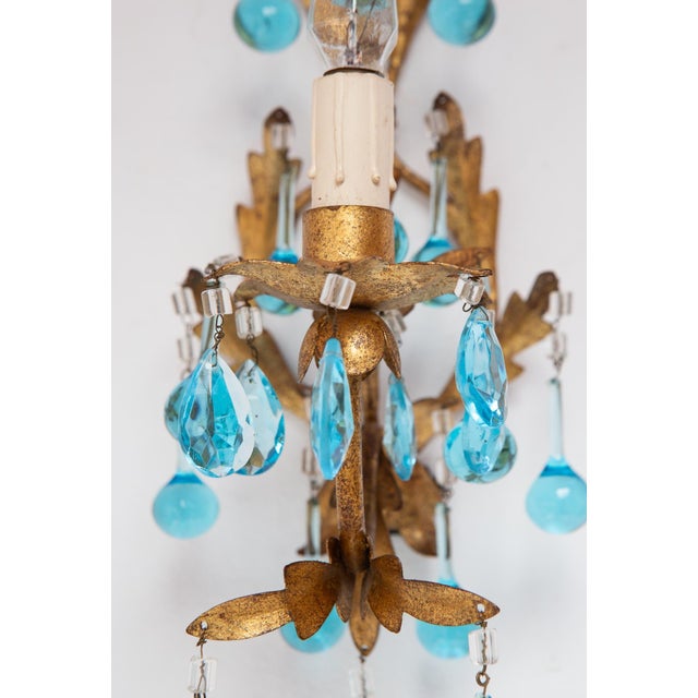 Italian Gilt Iron Wall Sconce with Turquoise Crystals, 1960s For Sale - Image 3 of 6