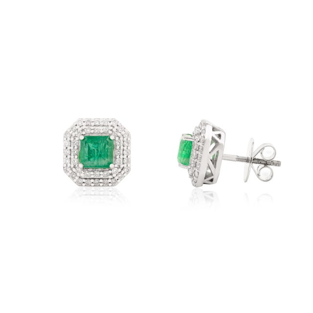 Art Deco 14k Gold Statement Emerald & Diamond Halo Earrings Wedding Gift- A Pair For Sale - Image 3 of 11