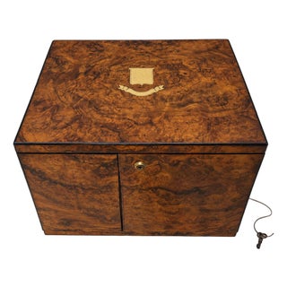 English Victorian Burr Walnut Table Cabinet With Brass Inlay and Bramah Lock For Sale