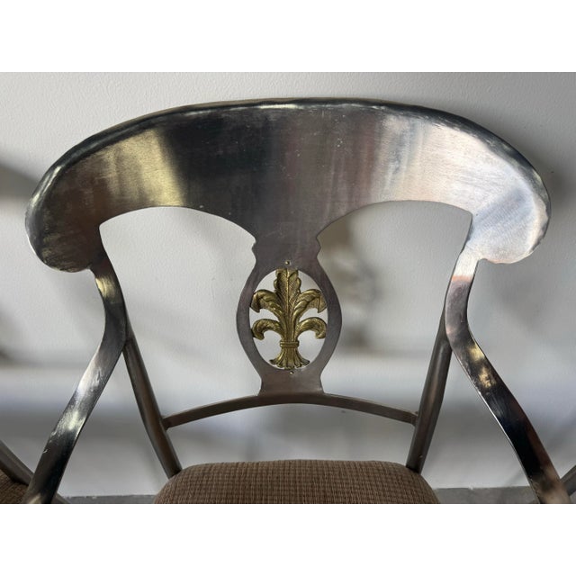Metal Vintage Neoclassical-Style Brushed Steel and Brass Dining — Set of 5/ Sold For Sale - Image 7 of 12