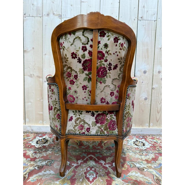 1980s Louis XV Style Bergère Armchair in Cherrywood and Floral Velvet, 1980s For Sale - Image 5 of 7