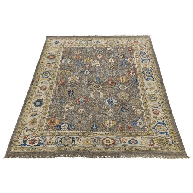 Modern Oushak Style Hand-Knotted Wool Rug in Taupe, Indigo, and Ochre Accents For Sale - Image 10 of 12