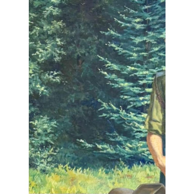 Large Signed Oil on Canvas Painting by Alfred Waagner, Two Scouts in an Alpine Meadow, Early 20th Century. For Sale - Image 6 of 11