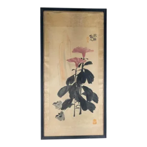 Early 20th Century Chinese Watercolor Scroll Painting With Flowers and Chicks