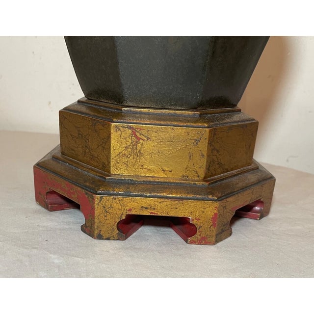 Dark Green Large Vintage Chinese Dark Green Glaze Pottery Brass Gilt Wood Base Table Lamp For Sale - Image 8 of 17