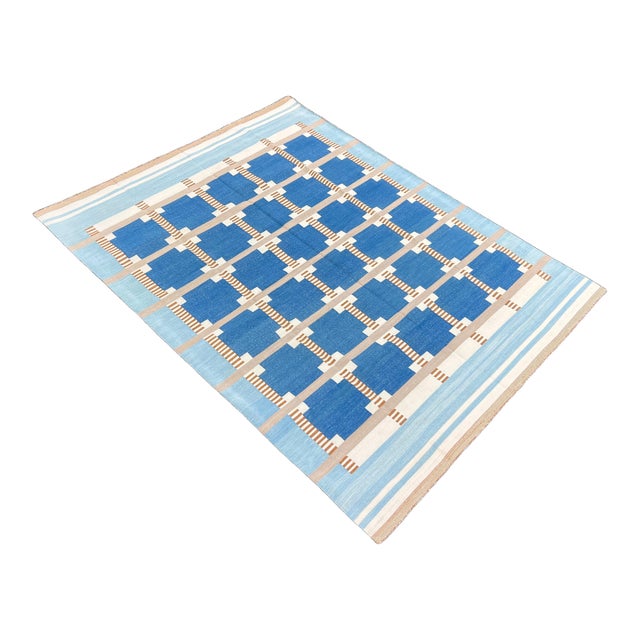 Handmade Cotton Geometric Area Rug, Sky Blue, Cream, Beige and Tan Dhurrie-88"x132" For Sale