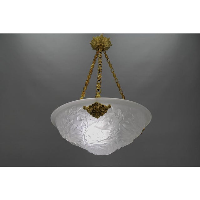 French Art Deco White Frosted Glass and Bronze Pendant Light with Floral Motifs, 1930s For Sale - Image 18 of 18