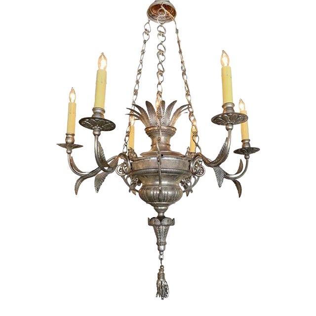 19th Century Italian Silvered Brass 6-Light Chandelier For Sale