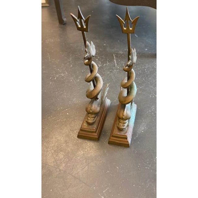 A Pair of Large Cast Bronze Dolphin Serpent Trident Doorstops For Sale In West Palm - Image 6 of 6