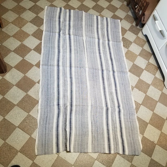 Textile 1990s Hand Woven Indigo Stripe Throw For Sale - Image 7 of 7