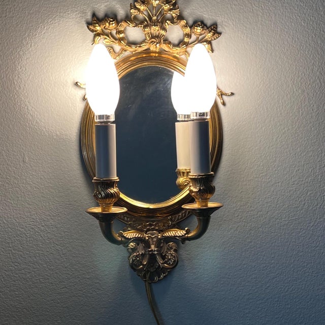 French Stunning vintage Baker Knapp and Tubbs gilt brass two-bulb wall sconce // French-style wall light with mirrored back // Floral wall sconce For Sale - Image 3 of 10