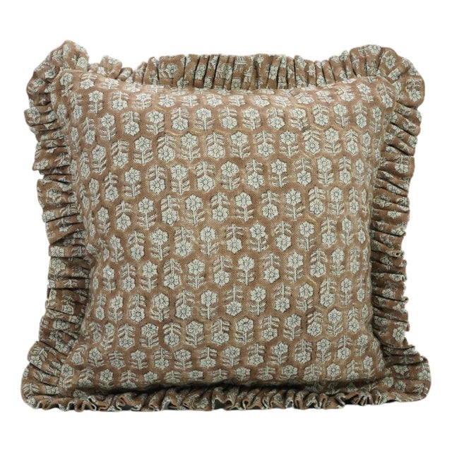 Fabdivine Decorative Block Print Frill Cushion Cover Brown 14x36 Inch Thick Linen- Tulsi Buti For Sale