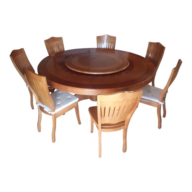 Round Dining Table with Lazy Susan and 7 Chairs Set Set of 8 Chairish