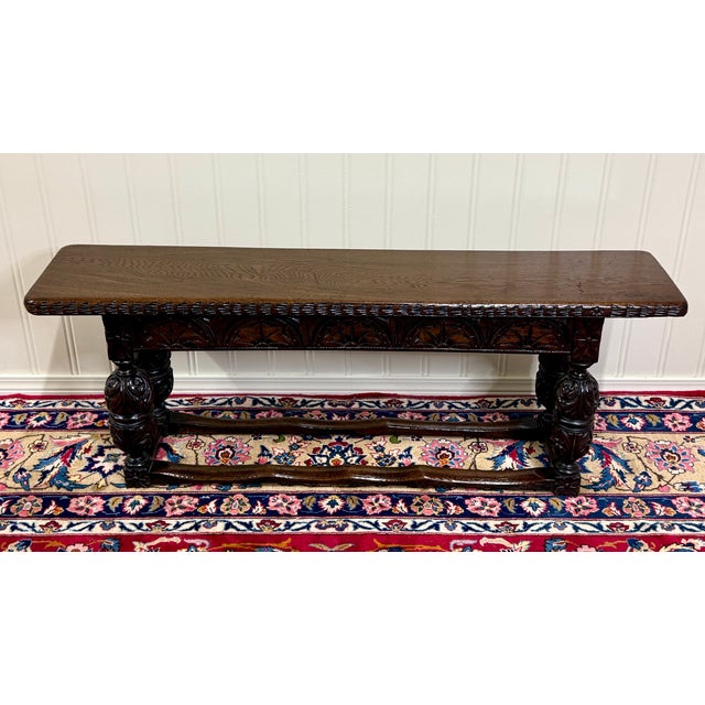 Antique English End-of-Bed Bench Window Seat Settee Carved Oak C. 1900 For Sale - Image 4 of 12