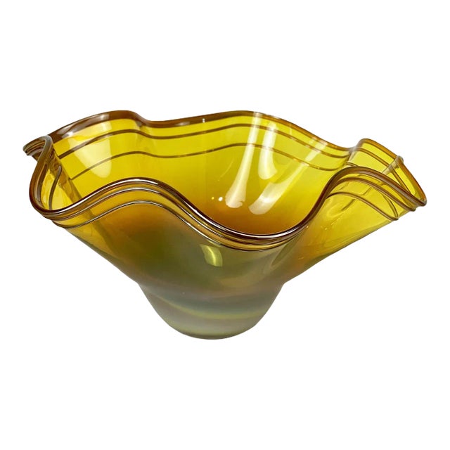 Yellow Hand Blown Art Glass Ruffled Centerpiece Bowl by Matt McBride For Sale
