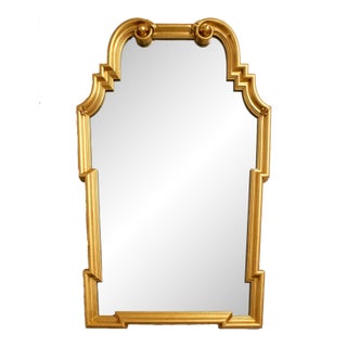 1980s Italian Gold Leaf Arched Mirror With Scroll & Stepped Corners For Sale
