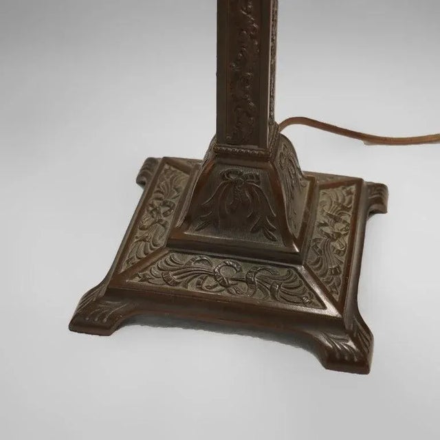 Antique Wilkinson Arts & Crafts Four-Panel Slag Glass Table Lamp C1920 For Sale - Image 4 of 9