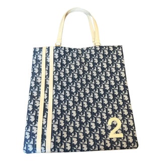A 2000s John Galliano for Christian Dior Trotter Deep Blue and Cream Tote Bag For Sale