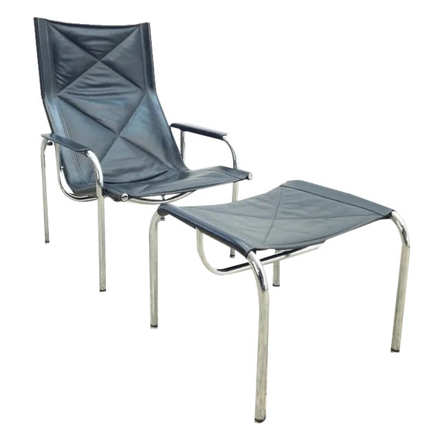 Set of Armchair with Stool in Real Leather by Strässle Hans Eichenberger, 1976 For Sale