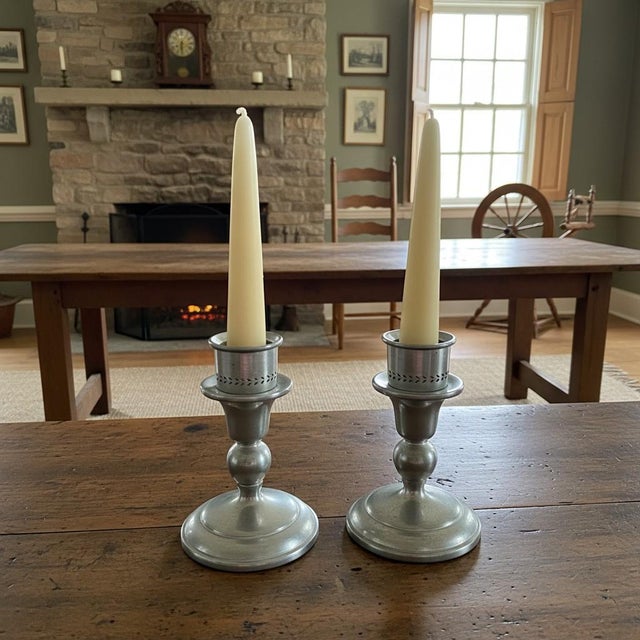 Metal Vintage Revere Pewter Candlesticks Pair-Colonial Farmhouse Decor-Usa-Primitive For Sale - Image 7 of 7