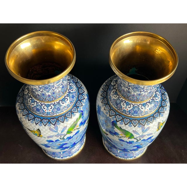 Chinoiserie Rare Pair of Large Chinese Ming Style Blue and White Cloisonné Vases For Sale - Image 3 of 12