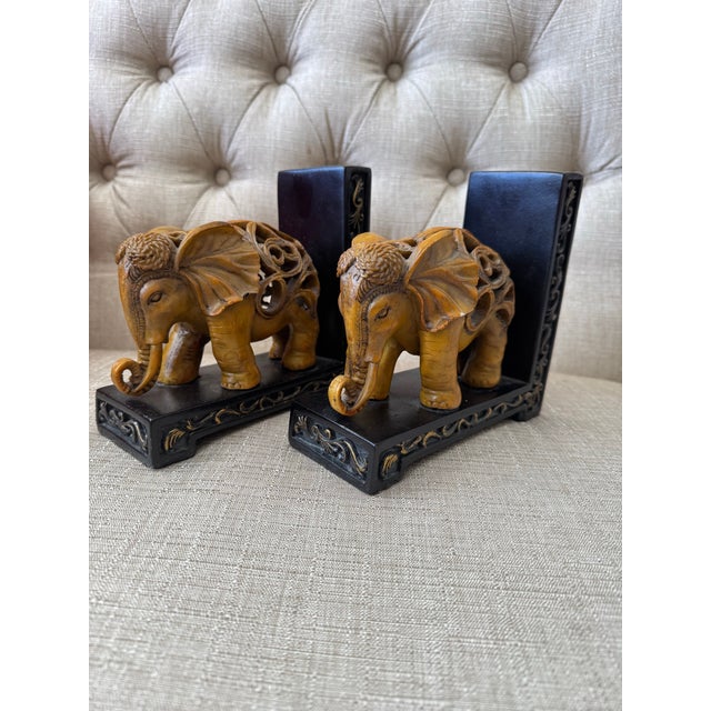 Contemporary Decorative Hand-Carved Elephant Bookends For Sale - Image 3 of 12