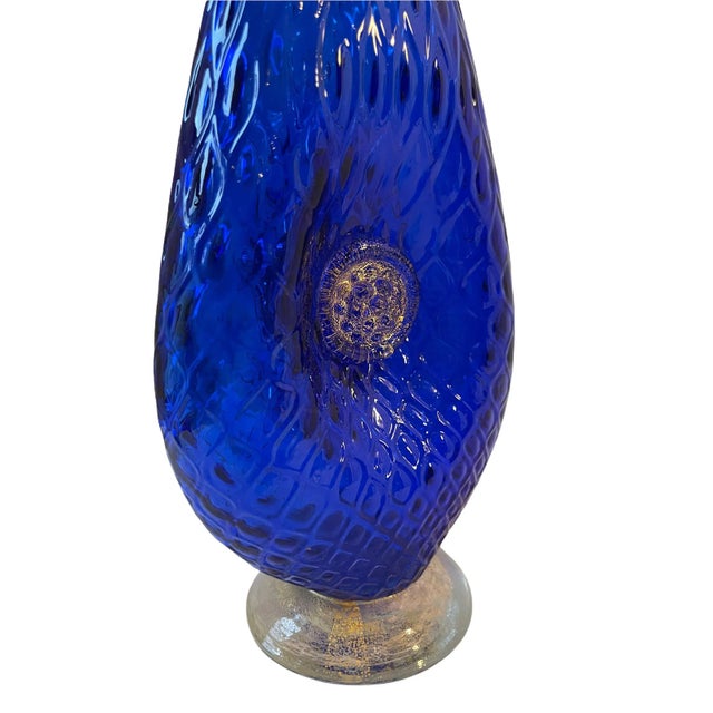 Vintage Italian Textured Cobalt Blue Gold Lion Dual Medallion Art Glass Vase For Sale - Image 4 of 8