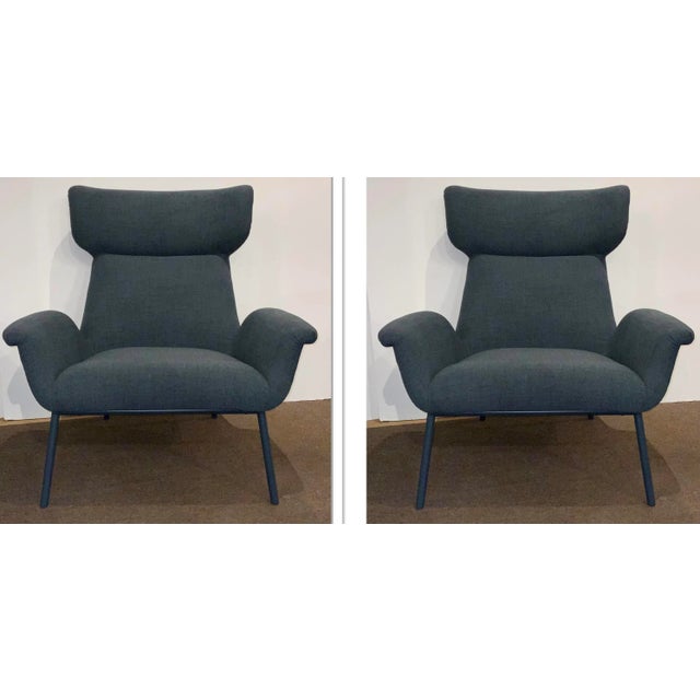Metal Mid-Century Modern Style Navy Blue Wool Blend Lounge Chairs Pair For Sale - Image 7 of 7