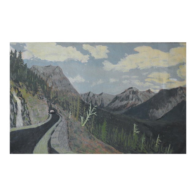 1940s Outsider Folk Art Mountain Road Landscape Painting For Sale