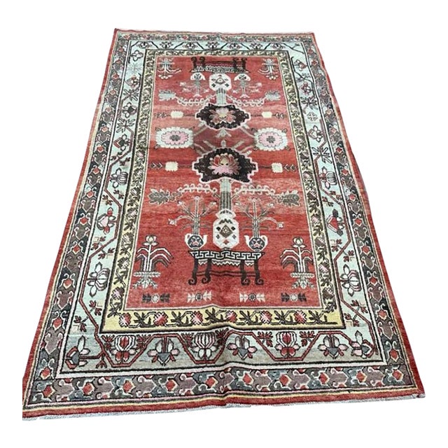 5x8 Antique Khotan Rug | Stylized Flowering Plants and Vases For Sale