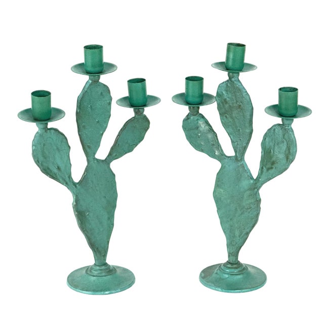 Postmodern Vintage 1990s Pair of (2) Turquoise Prickly Pear Cactus Candelabras Metal Candle Stick Holders For Sale - Image 3 of 17