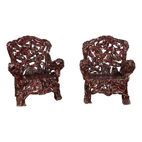 Chinese Handcrafted Dark Azalea Root Armchairs from China - a Pair For Sale